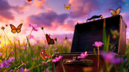 A captivating scene featuring an open vintage suitcase surrounded by colorful butterflies in a blooming wildflower field during sunset, evoking feelings of adventure and tranquility.の素材