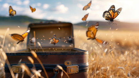 A vintage suitcase lies open in a stunning field at sunset, surrounded by colorful butterflies. This enchanting scene captures the essence of freedom and adventure in nature.の素材
