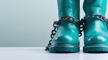A striking image of teal rubber boots wrapped in chains, set against a soft background, symbolizing a unique fashion statement and bold creativity.の素材