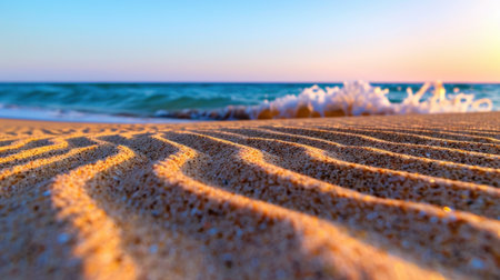 A serene beach scene capturing gentle waves lapping against the shore, with intricate patterns in the sand illuminated by warm sunset colors.の素材