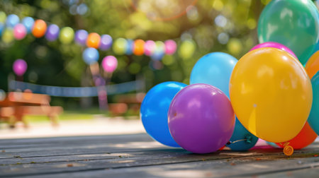 A vibrant collection of colorful balloons rests on a wooden deck, setting a joyful atmosphere for an outdoor celebration in a beautiful park environment.の素材