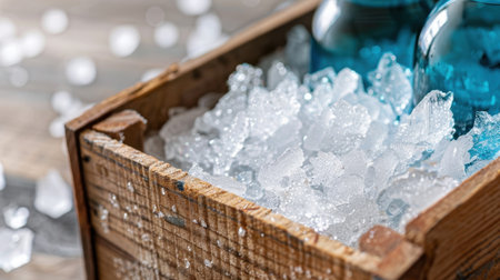 A rustic wooden crate filled with gleaming ice cubes provides a refreshing backdrop for blue glass bottles, perfect for summer drinks.の素材