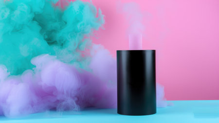 An artistic portrayal of colorful smoke swirling around a sleek black cylinder, set against a vibrant pink and blue backdrop, creating an eye-catching visual.の素材