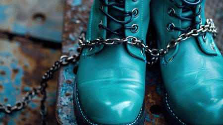 A captivating close-up of turquoise leather boots with a chain on a rusty metal surface, highlighting industrial charm and urban aesthetics for creative projects.の素材