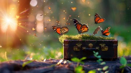 A captivating image of vibrant butterflies taking flight from an antique suitcase, set amidst a serene forest scene, capturing the essence of transformation and beauty.の素材