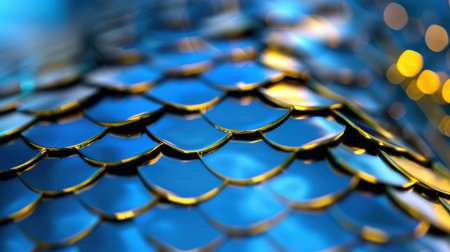 Close-up view of shimmering blue and gold scales featuring glossy texture and vibrant patterns. The artistic representation creates a captivating visual effect.の素材