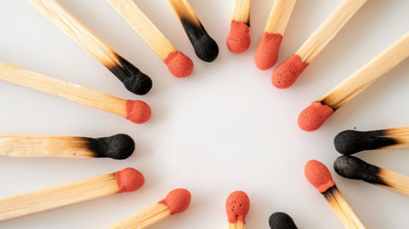 This image showcases a creative arrangement of wooden matches with red and black tips laid out in a circle, emphasizing contrast and simplicity.の素材