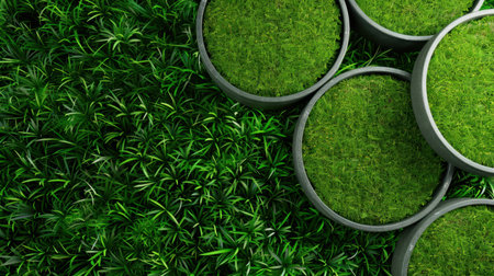 A stunning display of lush greenery featuring round containers filled with vibrant grass, set against a backdrop of fresh grass blades, perfect for gardening themes.の素材