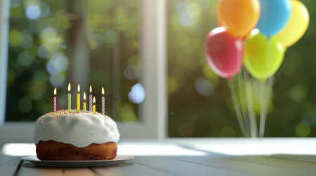 A beautifully decorated birthday cake sits on a table, adorned with colorful candles and surrounded by cheerful balloons, capturing a joyful celebration atmosphere.の素材
