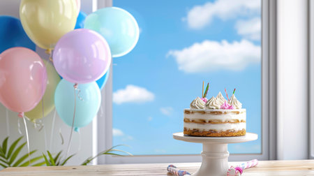 A beautifully decorated cake atop a white stand is showcased against a backdrop of colorful balloons and a serene window view, perfect for celebrations.の素材