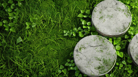 A serene outdoor scene showcasing circular stone pathways amidst vibrant green grass and lush foliage, perfect for garden design and landscaping inspiration.の素材