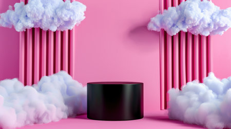 This vibrant and whimsical background features a black podium surrounded by soft pink clouds and vertical bars, perfect for product photography or creative presentations.の素材