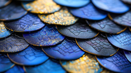 This close-up image showcases a stunning array of shimmering scales in rich blue and gold hues, perfect for artistic projects or design inspiration.の素材