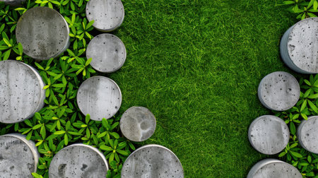 A top view image showcasing circular concrete stones arranged in a pattern, surrounded by lush green grass and foliage, evoking a serene outdoor ambiance.の素材