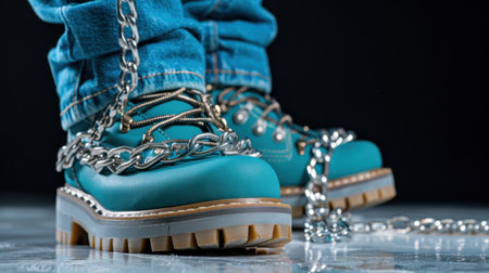 This striking image features stylish turquoise boots adorned with a chain, paired with denim jeans, reflecting a bold urban fashion statement against a dark background.の素材
