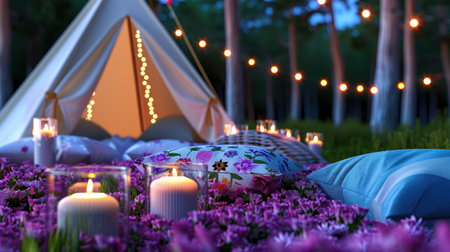 A serene camping scene featuring a cozy tent surrounded by soft pillows and glowing candles, all set in a field of colorful flowers at dusk.の素材