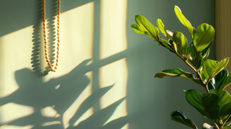 A serene indoor scene featuring gentle sunlight casting intricate shadows on lush green leaves and a softly painted wall, highlighting tranquil decor.の素材