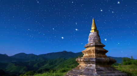 A tranquil mountain landscape featuring a stunning golden stupa beneath a starry sky. The serene atmosphere invites exploration and reflection.の素材