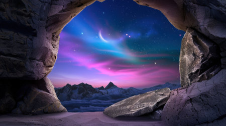 A mesmerizing view from a cave revealing an enchanting aurora illuminated sky over magnificent mountains, creating a tranquil and stunning landscape.の素材