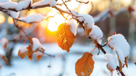 A stunning image showcasing vibrant autumn leaves blanketed in snow, illuminated by the warm glow of a sunset, capturing the beauty of changing seasons.の素材