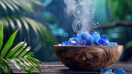 An artistic arrangement of vibrant blue crystals in a rustic wooden bowl creates a serene atmosphere accented by gentle steam and lush green foliage.の素材