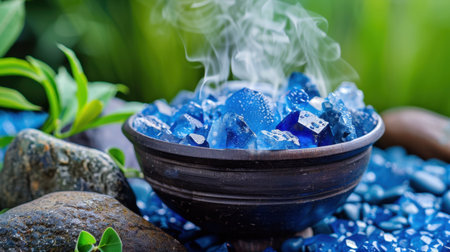 A serene bowl filled with vibrant blue crystals emits gentle wisps of steam, surrounded by soft greenery and smooth stones, creating a tranquil atmosphere.の素材