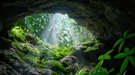 A serene view of light filtering through a rocky cave, illuminating vibrant green plants and moss. The peaceful ambiance invites exploration and appreciation of nature's beauty.の素材