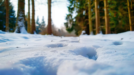 A serene winter scene showcasing a snow-covered pathway in a quiet forest, framed by towering pine trees and gentle sunlight filtering through the branches.の素材
