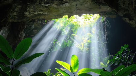 A captivating scene showcasing sunlight streaming through the entrance of a cave, illuminating lush tropical plants and creating a serene atmosphere.の素材