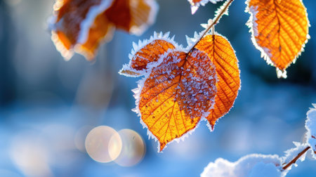 A stunning capture of frosted orange leaves adorned with delicate snowflakes, glowing beautifully in winter sunlight against a soft bokeh backdrop.の素材