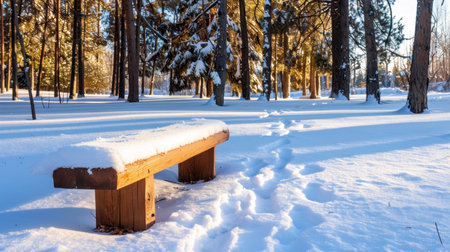 A tranquil winter scene showcasing a snow-covered bench surrounded by trees in a sunlit forest. The beauty of nature captivates in this serene landscape.の素材