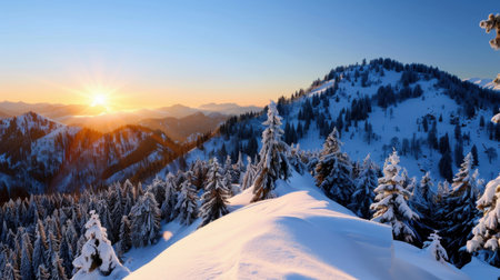 A breathtaking view of a winter sunrise casting a golden glow over snow-covered mountains and pine trees, creating a serene outdoor atmosphere.の素材