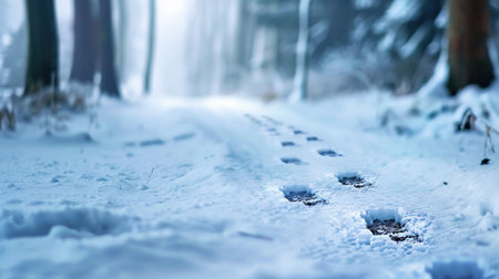 A serene winter forest scene featuring fresh footprints along a snowy trail. The tranquil atmosphere evokes feelings of peace, beauty, and exploration in nature.の素材