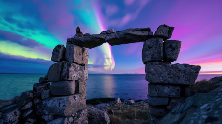 A stunning scene of a vibrant aurora illuminating the sky above an ancient stone archway, set against a tranquil ocean at dusk, evoking wonder.の素材