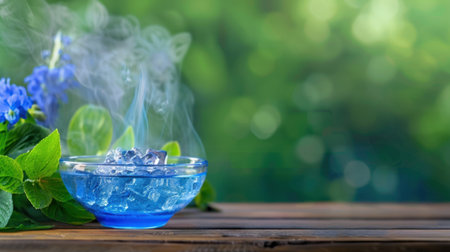 A tranquil blue bowl filled with ice emits gentle mist, elegantly framed by lush greenery and blooming purple flowers, perfect for evoking serenity and calm.の素材