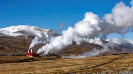 A nostalgic red steam train emits white plumes while traversing a stunning landscape of snow-capped mountains under a bright blue sky.の素材