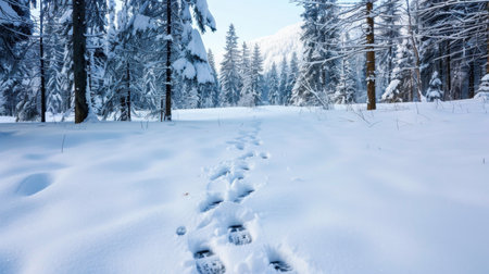 A serene winter landscape featuring fresh snow blanketing the ground, with clear footprints guiding the viewer through a tranquil forest. Dive into the beauty of nature.の素材