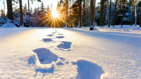 A serene winter forest scene featuring fresh footprints in the snow as the sun rises, casting beautiful golden rays through the tranquil trees.の素材