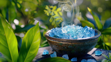 A serene composition showcasing vibrant blue crystals in a charming bowl, surrounded by lush green leaves and gentle smoke, creating a tranquil atmosphere.の素材