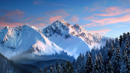 Experience the serene beauty of a snow-covered mountain landscape at sunrise, with a captivating sky and lush pine forest beneath a rugged peak.の素材