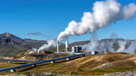 This image captures a geothermal power plant releasing steam amidst a stunning mountainous landscape. The clear blue sky enhances the scene, highlighting the blend of nature and technology in renewable energy production.の素材