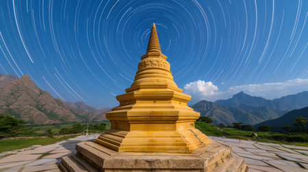A stunning view of a golden stupa illuminated under the night sky, with mesmerizing star trails and a backdrop of majestic mountains. Perfect for travel and cultural themes.の素材