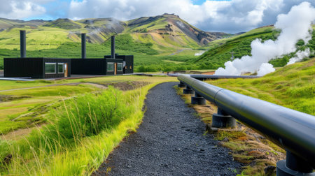A striking geothermal power plant nestled in the verdant hills of Iceland, featuring steam emissions and a winding pathway, capturing the essence of renewable energy.の素材