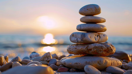 A serene stack of smooth stones balances elegantly on a sandy beach during sunset, creating a peaceful atmosphere with gentle waves lapping in the background.の素材