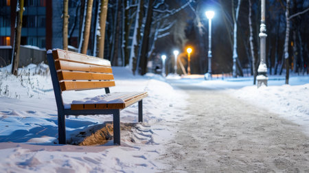 A serene winter scene featuring a snow-covered bench in a park, surrounded by lightly illuminated trees and a peaceful walkway, perfect for relaxation.の素材