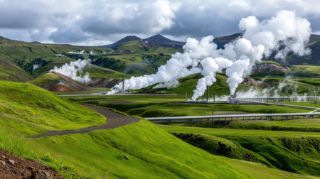 A breathtaking view of a lush green valley dotted with geothermal power plants releasing steam, surrounded by majestic mountains and dynamic skies.の素材