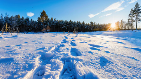 A serene winter scene captures fresh footprints in the snow under a clear blue sky. The golden sunlight filters through tall trees, enhancing the tranquil atmosphere.の素材