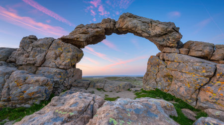 A breathtaking view of a natural rock arch set against a vibrant sunset sky, with colorful clouds reflecting over a serene ocean, perfect for nature lovers.の素材