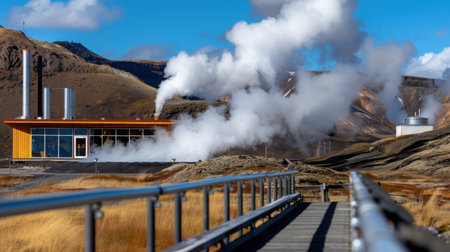 A stunning geothermal power plant stands amidst a natural landscape, with steam rising against a backdrop of blue skies and mountains. A walkway invites exploration.の素材