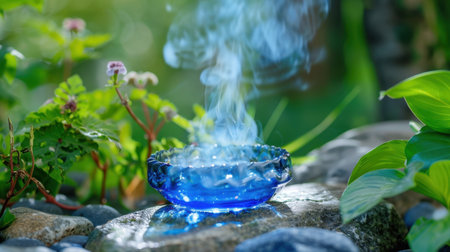 A captivating image showcasing delicate smoke rising from a vibrant blue glass bowl amidst lush greenery, creating an atmosphere of tranquility and relaxation.の素材